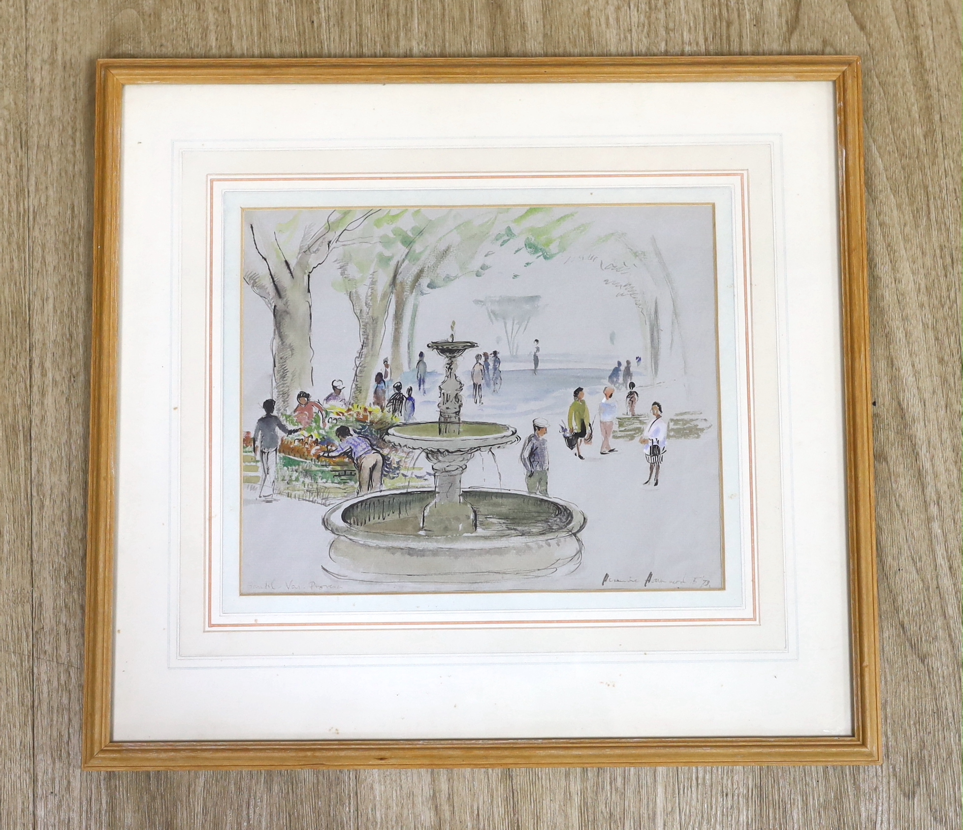 Hermione Hammond (1910-2005), ink and watercolour, French park with figures and water fountain, signed, inscribed and dated 5/73, 22 x 27cm
